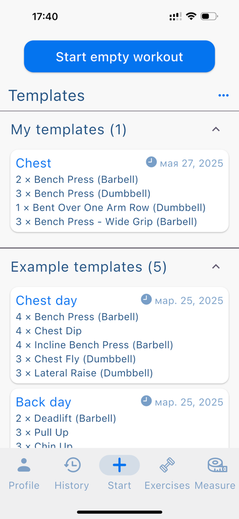 Smart Gym Workout Tracker - Tela do aplicativo Smart Gym mostrando modelos de treino personalizados e de exemplo para dias de peito e costas