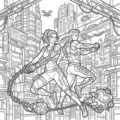 Step into a neon-drenched future where elite hammer throwers defy gravity in a bustling cyberpunk city. This dynamic coloring page captures two powerful athletes amidst high-tech urban structures, offering an electrifying artistic journey.