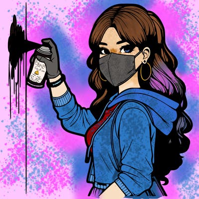 realistic girl with mask spray painting a wall