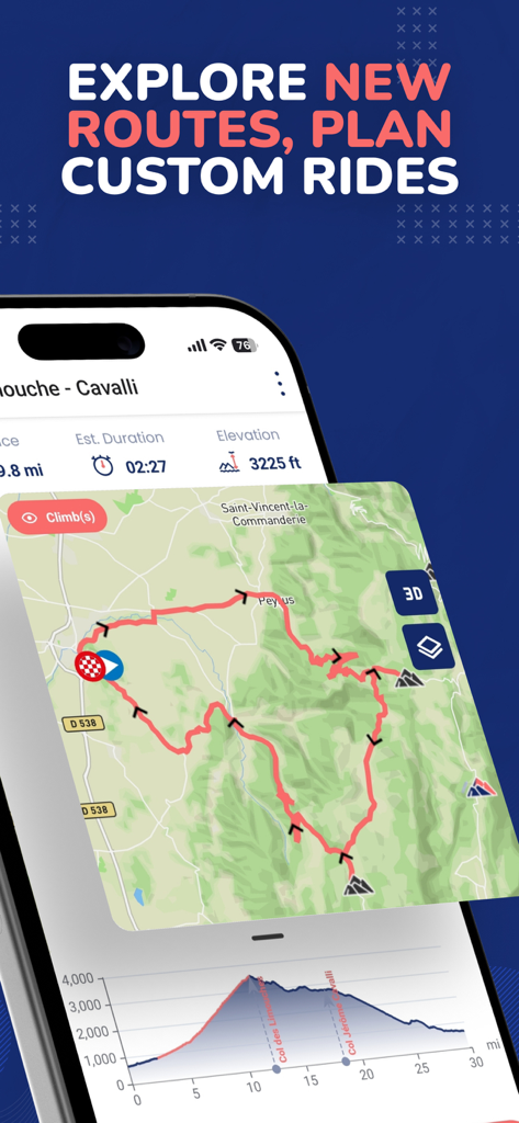 Bike GPS Navigation & Tracker - Smartphone display of the BikeCompanion app showing a mapped cycling route with climb details and elevation stats.