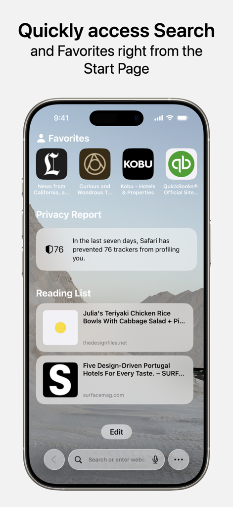 Safari - Página de inicio de Safari mostrando favoritos e informe de privacidad en iPhone