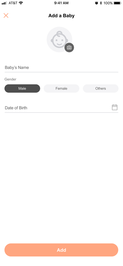 BabyTalk Translator - Interfaz de la app BabyTalk Translator para añadir un nuevo perfil de bebé con campos para nombre, género y fecha de nacimiento.