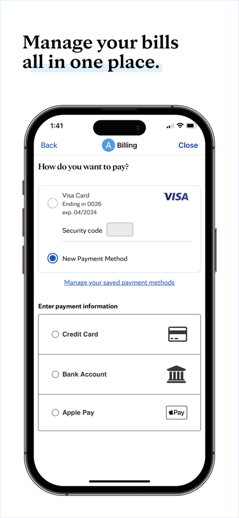 Mayo Clinic - Mayo Clinic app interface showing billing management and various payment options like credit card and Apple Pay