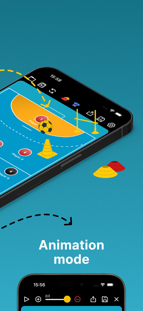 Coach Tactic Board: Handball - Handball coaching app interface displaying tactical animation mode on a smartphone