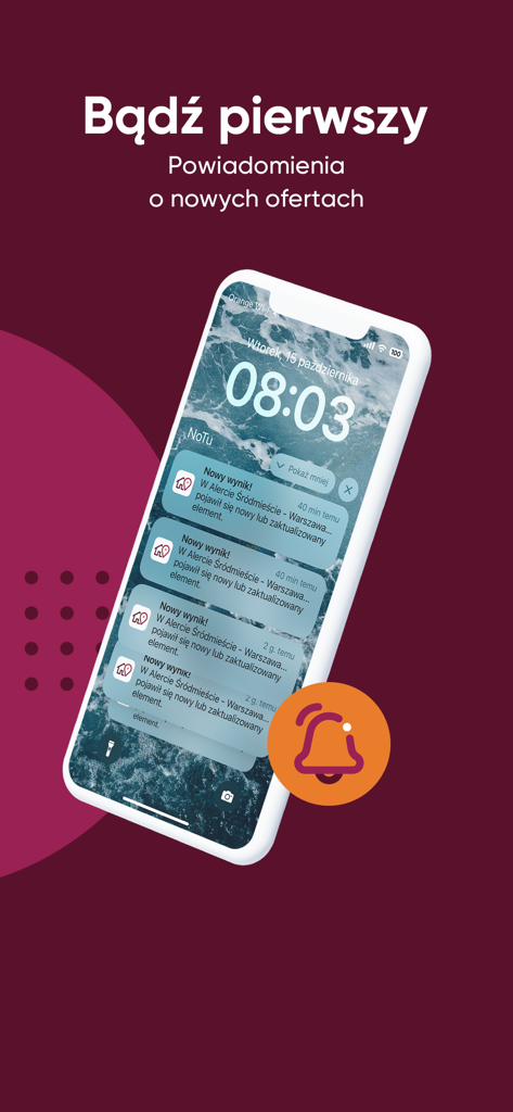 Écran de verrouillage de l'iPhone affichant des notifications push instantanées de l'application NoTu pour de nouvelles annonces immobilières à Varsovie
