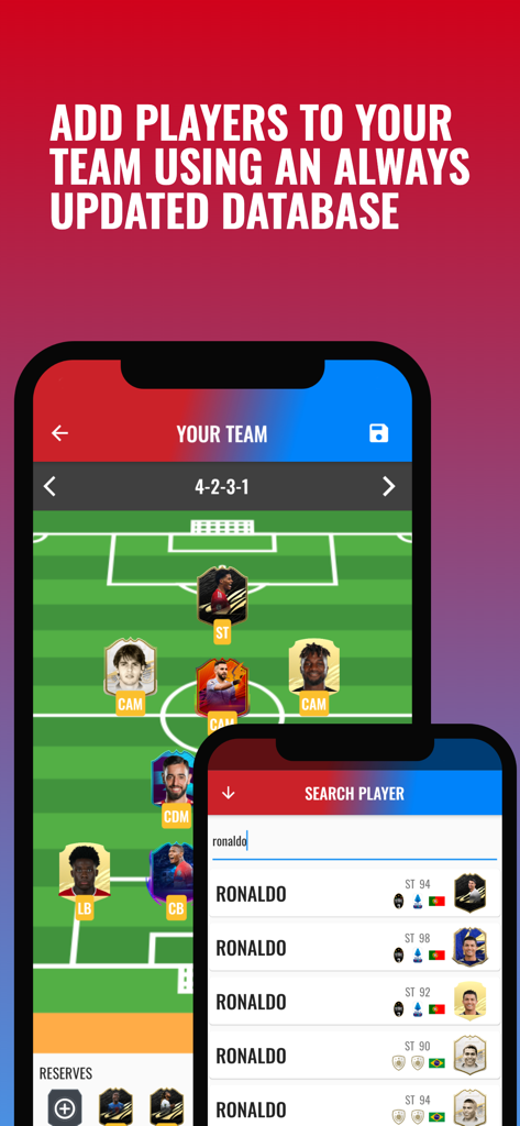 FUT Scoreboard - Track & Alert - A soccer team builder and player search interface in the FUT Scoreboard app.