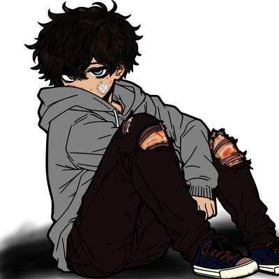 a male hoddie ripped jeans messy hair anime