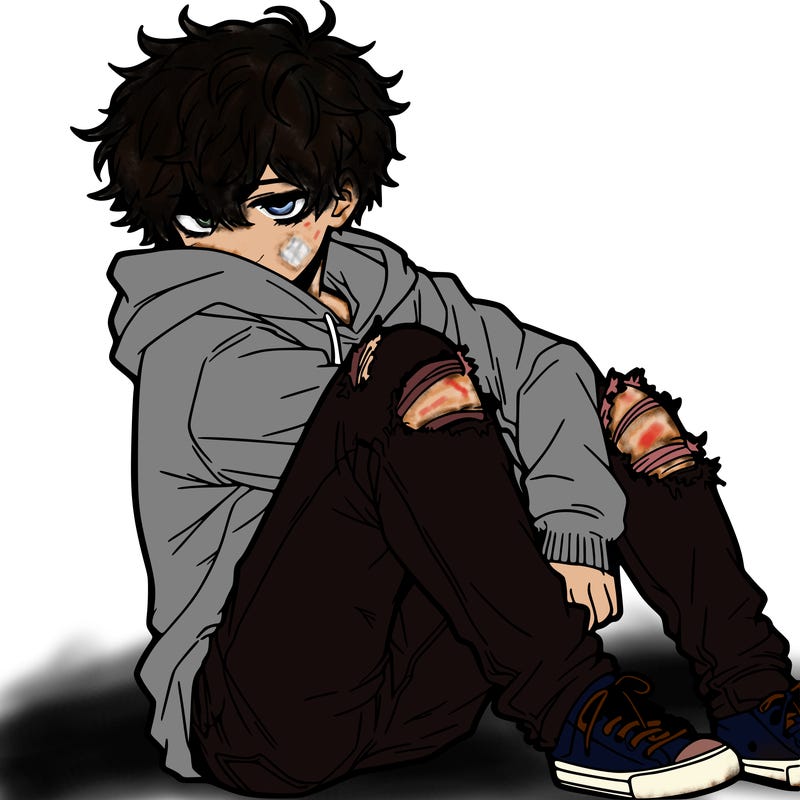 a male hoddie ripped jeans messy hair anime