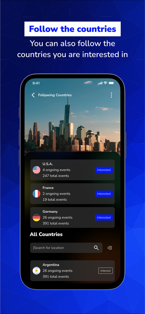 MyVoiceCounts - Interfaz de aplicación móvil de MyVoiceCounts que muestra una lista de países con eventos cívicos en curso y la opción de seguirlos.
