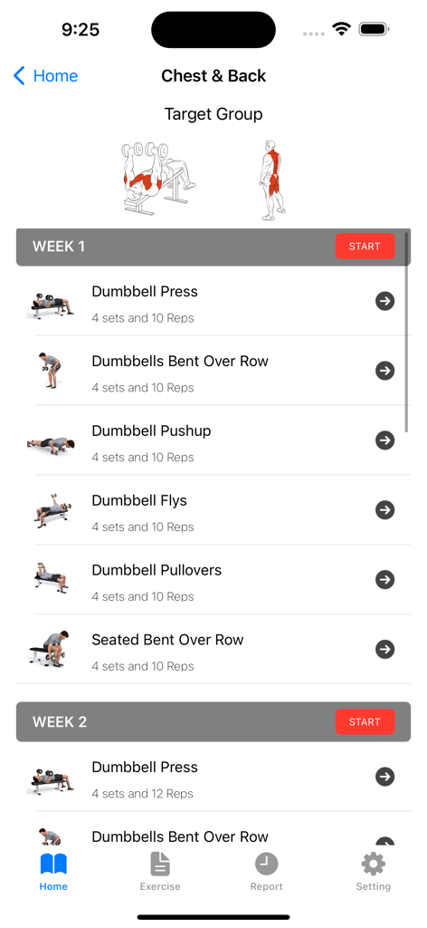 Dumbbell Home Workout Plan - Interfaz de aplicación móvil que muestra una rutina semanal de entrenamiento de pecho y espalda con mancuernas, con nombres de ejercicios, series y repeticiones.