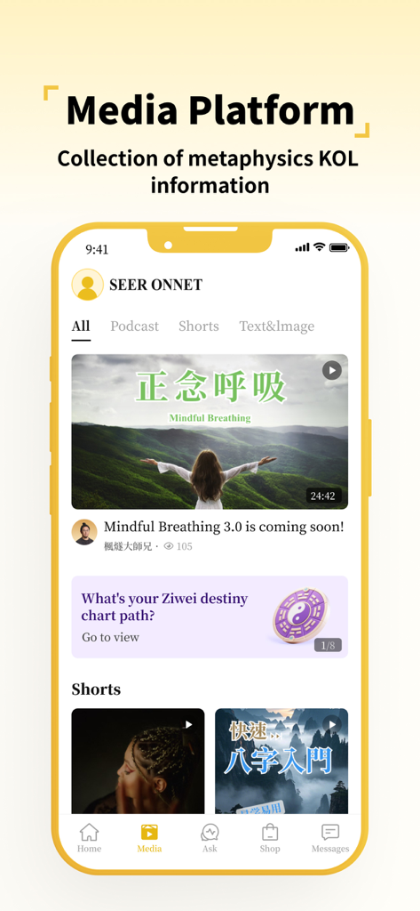 Seer - Blessing Zodiac Fortune - Seer-App-Oberfläche, die eine Medienplattform für Metaphysik-Videos und Achtsamkeitsinhalte zeigt