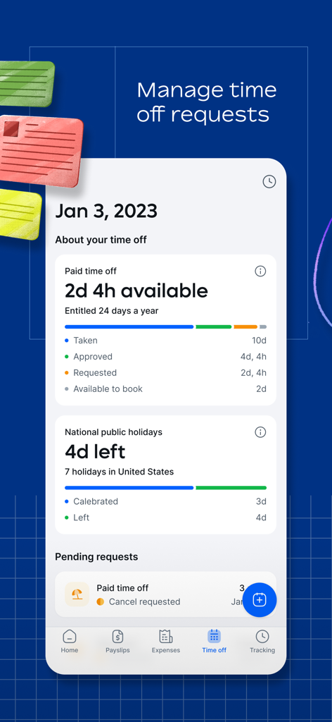 Tela do aplicativo móvel Remote Global HR mostrando o saldo de folgas remuneradas e o rastreamento de feriados.