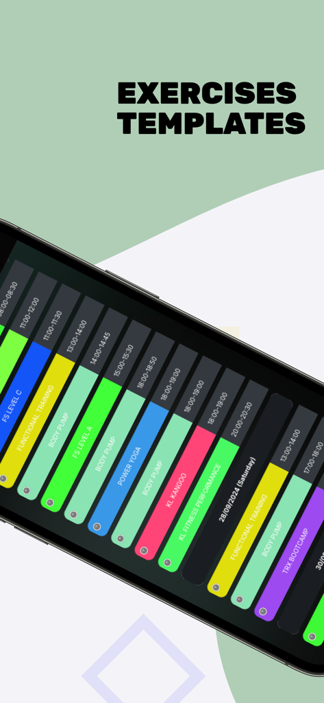 THINKCRM FITNESS - Uno schermo smartphone che visualizza l'app ThinkCRM Fitness con un elenco colorato di corsi fitness programmati e modelli di esercizi.