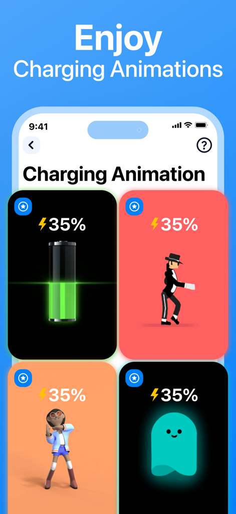 Interface of Cleanup app showing different charging animation styles including a battery meter and dancing characters