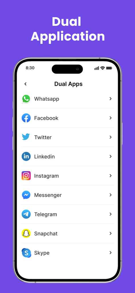 2Accounts - Dual Apps Space - Interfaz de la aplicación 2Accounts mostrando una lista de aplicaciones sociales compatibles para clonar