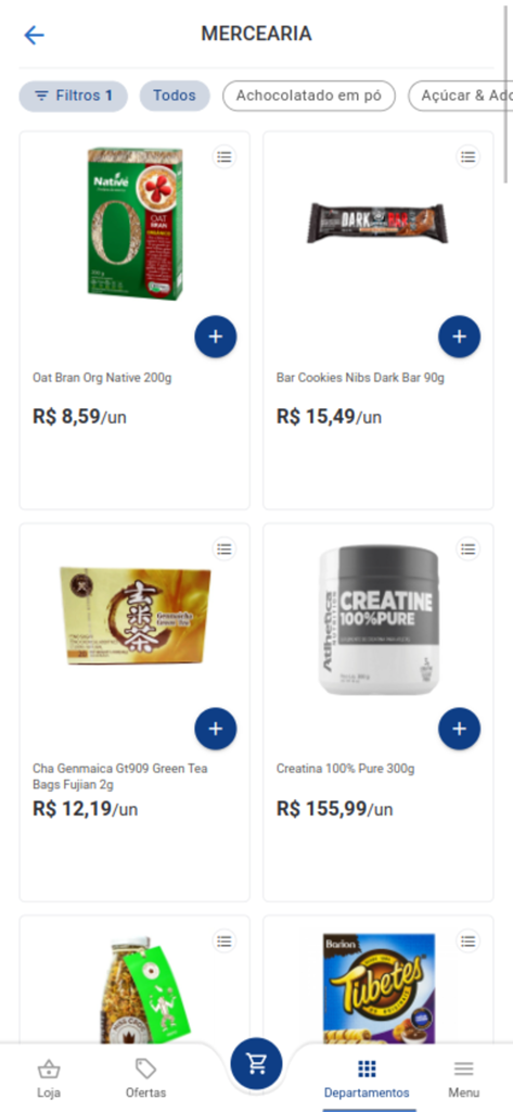 Emporio Hortisabor - Mobile app screen showing a grocery product catalog with organic oat bran green tea and supplements