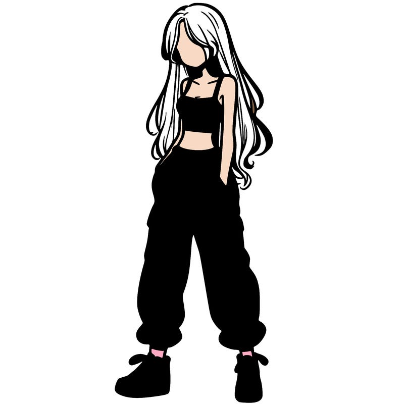 girl in baggy pants crop top and long hair