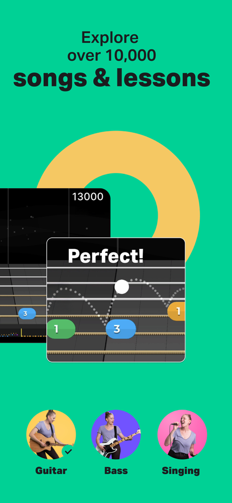 Interface do aplicativo Yousician mostrando aulas de guitarra, baixo e canto com uma biblioteca de mais de 10.000 músicas
