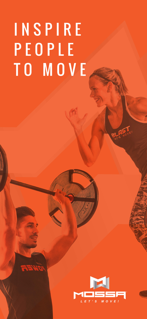 MOSSA GO - MOSSA GO promotional screen featuring fitness instructors and the text Inspire People to Move.