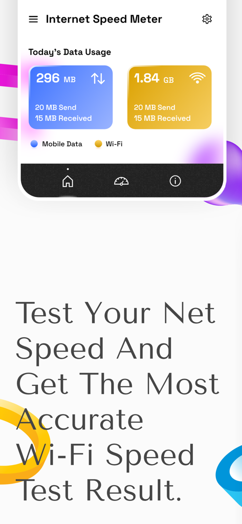 Wifi Internet Speed Test Meter - Interface of the Wifi Internet Speed Test Meter app showing daily mobile and wifi data usage statistics