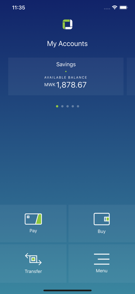 First Capital Bank App - First Capital Bank mobile app dashboard showing savings account balance in Malawian Kwacha and quick action buttons for pay, buy, and transfer.