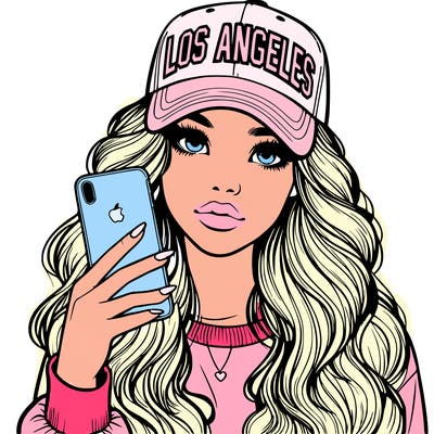 realistic beautiful girl wearing los ángeles cap holding an iphone