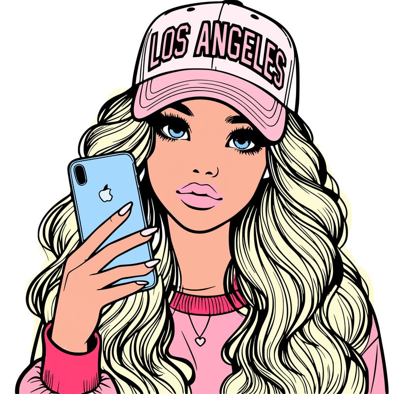 realistic beautiful girl wearing los ángeles cap holding an iphone