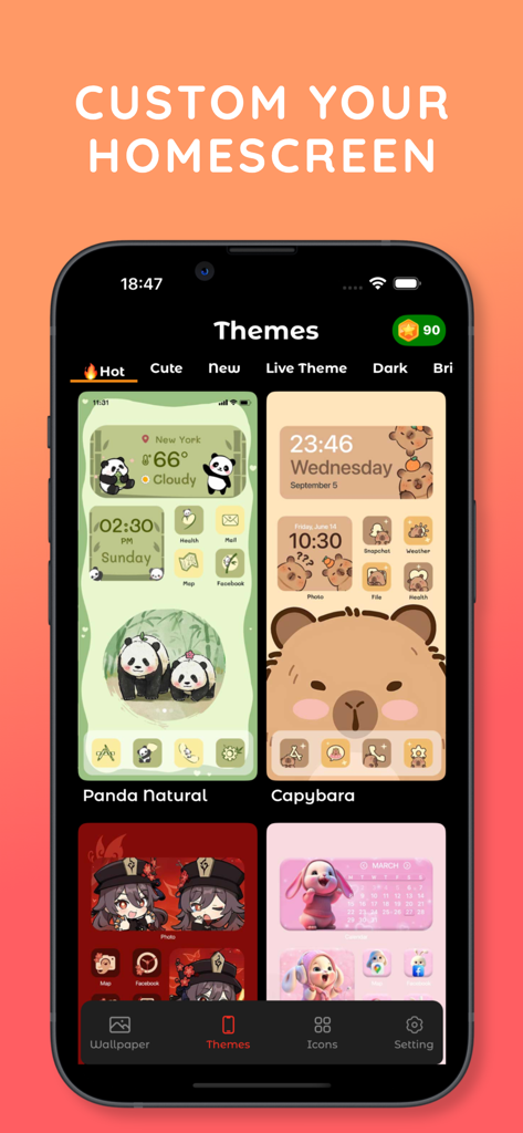 Wallcraft - 4K HD Wallpapers - Interfaz de la aplicación Wallcraft mostrando lindos y estéticos temas de pantalla de inicio para la personalización del iPhone.