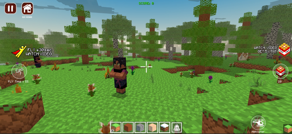 Gameplay de World Craft Dream Island mostrando um personagem blocada em um campo gramado com árvores e opções de construção.