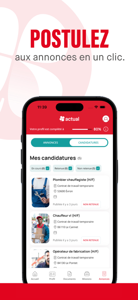 Interfaccia dell'app my actual che mostra un elenco di candidature per posizioni di idraulico e autista