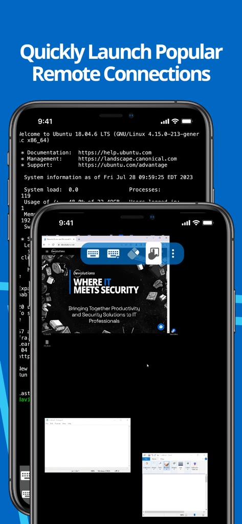 Remote Desktop Manager - Remote Desktop Manager app interface showing SSH terminal and remote desktop on mobile devices