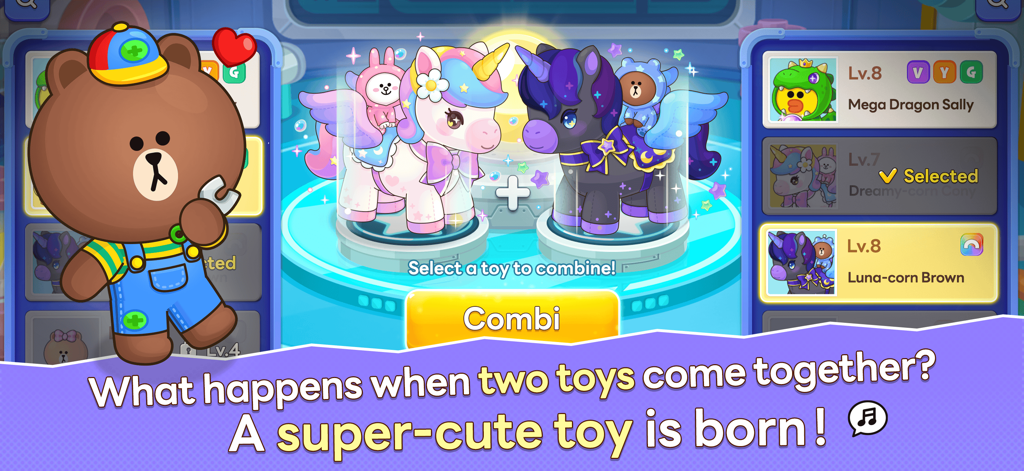 A gameplay screenshot from Brown Toys showing the toy combination screen with two colorful unicorn characters being merged