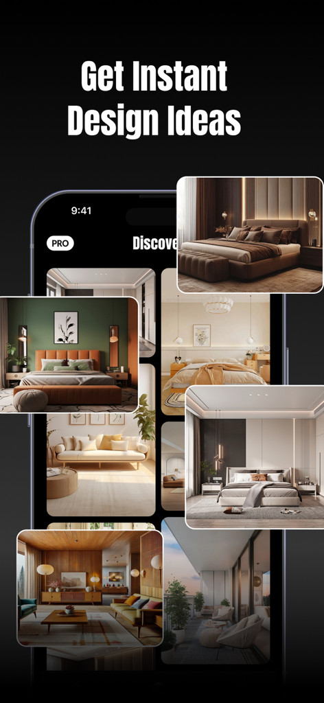 A smartphone screen displaying a gallery of AI generated interior design concepts for various rooms like bedrooms and living areas.