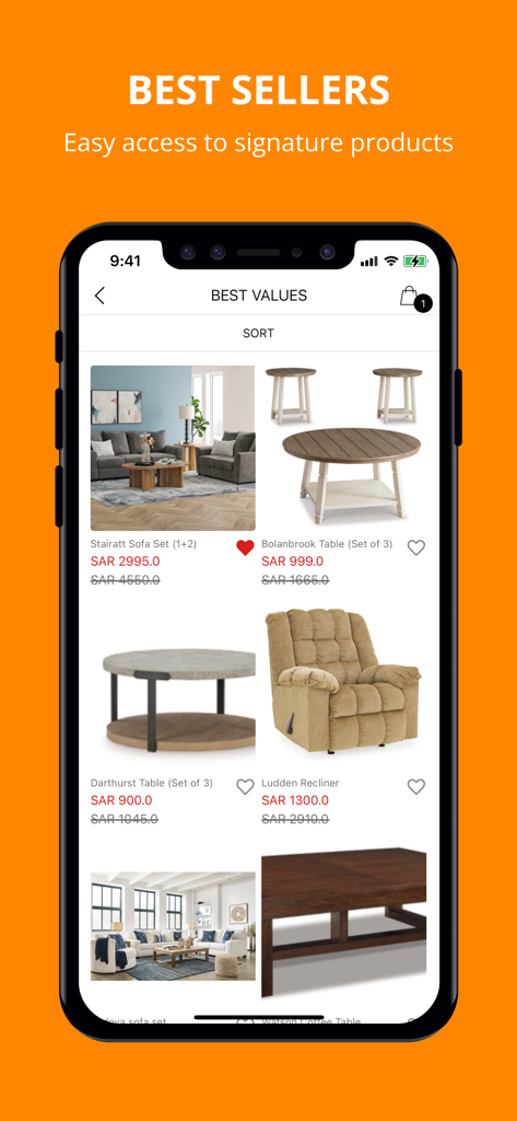 Ashley Homestore - La aplicación Ashley Homestore muestra un catálogo de los muebles más vendidos, como sofás y mesas.