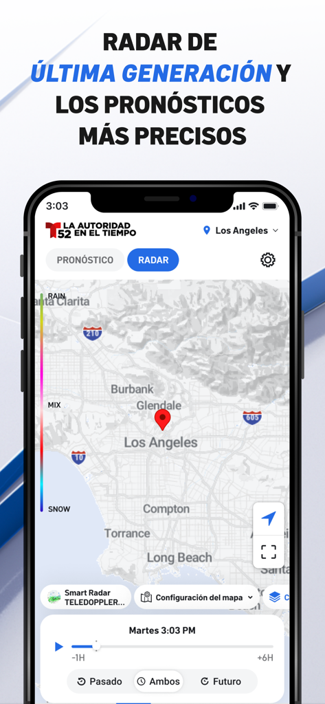 Interactive weather radar map for Los Angeles in the Telemundo 52 app