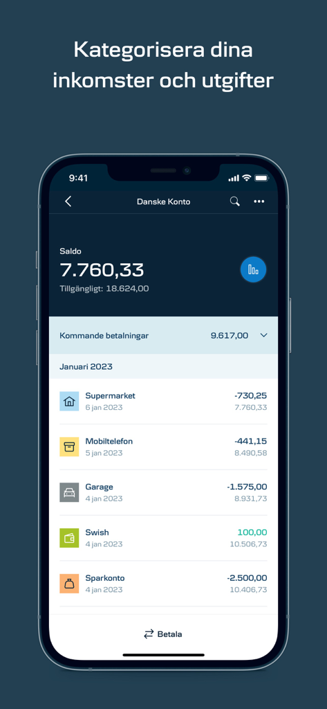 ダンスケ銀行モバイルアプリのインターフェース。口座残高と、食料品や電話料金などのカテゴリー分けされた取引リストを表示。