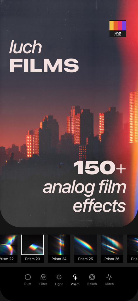 LUCH: Photo Effects & Filters - Interface do aplicativo LUCH apresentando efeitos de filme analógico e filtros de prisma em uma foto de cidade cinematográfica