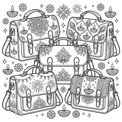 Dive into the festive spirit of Diwali with this unique coloring page featuring beautifully adorned satchel bags. Each bag showcases intricate patterns inspired by the festival of lights, promising a delightful and relaxing creative experience.