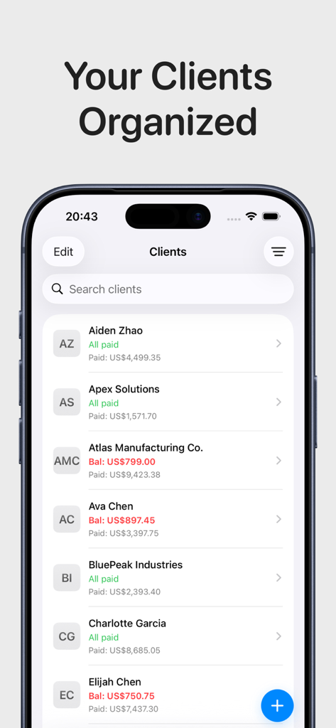 Invoice Generator & Estimates - Pantalla de la aplicación móvil que muestra una lista organizada de clientes con sus estados de pago y saldos