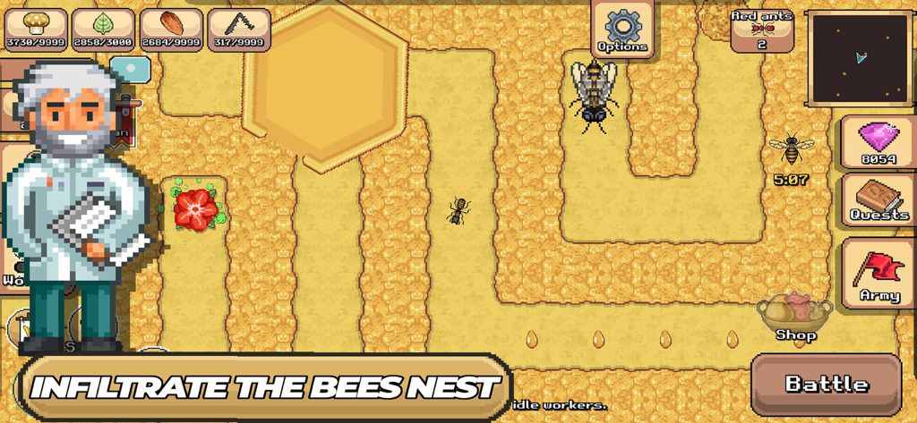 A scientist character stands beside the text infiltrate the bees nest in the game Pocket Ants