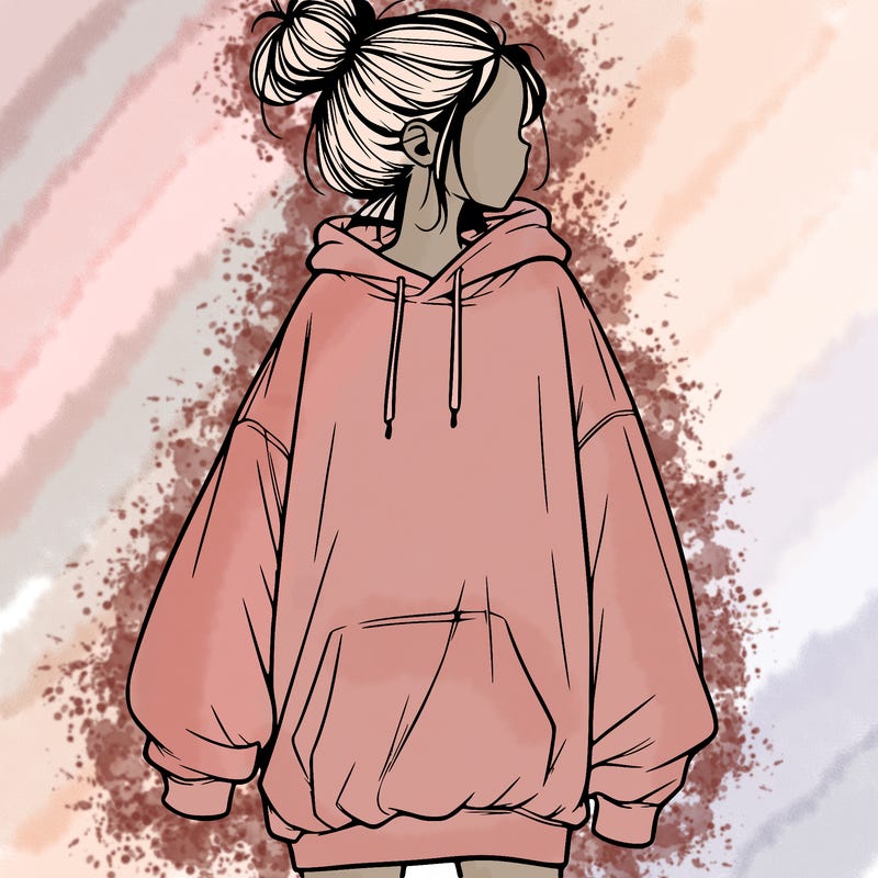 realistic girl with a oversized sweatshirt on and a bun