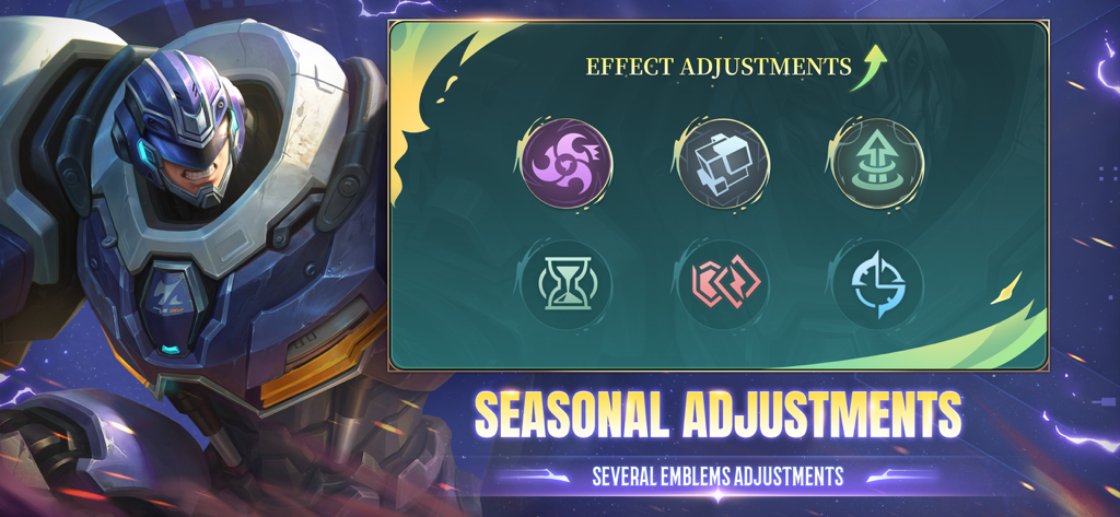 Promotional screen for Mobile Legends Bang Bang showing seasonal adjustments to emblems and game effects with character Johnson
