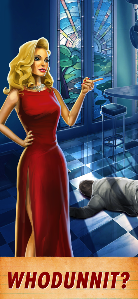 Clue: Classic Edition - Miss Scarlett pointing at a crime scene in the Clue Classic Edition mobile game.