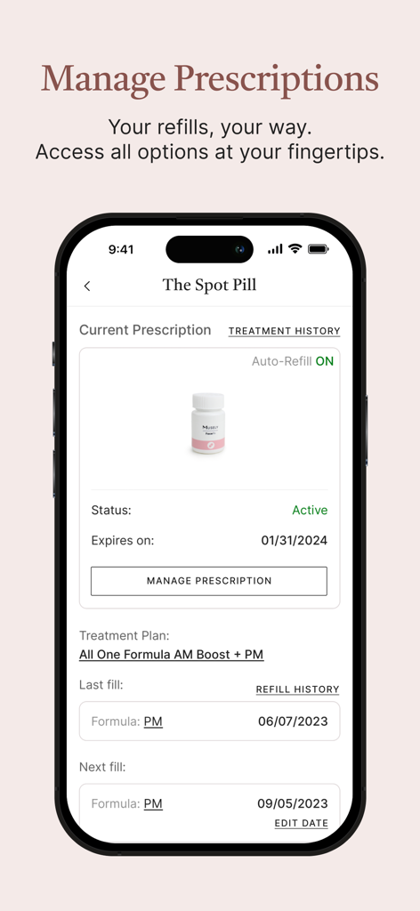 Musely - Interface do aplicativo Musely mostrando como gerenciar prescrições de cuidados com a pele e recargas automáticas