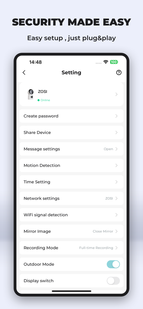 Zosi Smart - Zosi Smart app settings interface showing camera configuration and motion detection options.