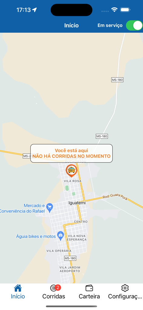 Tap Tap Driver - Painel do motorista do aplicativo Tap Tap Driver mostrando uma visualização do mapa com uma mensagem de que não há corridas disponíveis em português