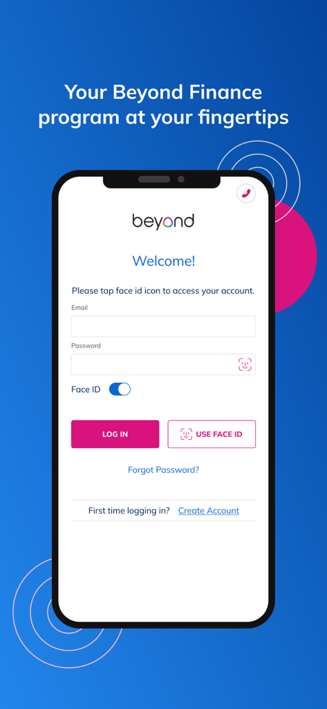 Beyond Finance - Login screen for the Beyond Finance app featuring secure email password and Face ID login options.