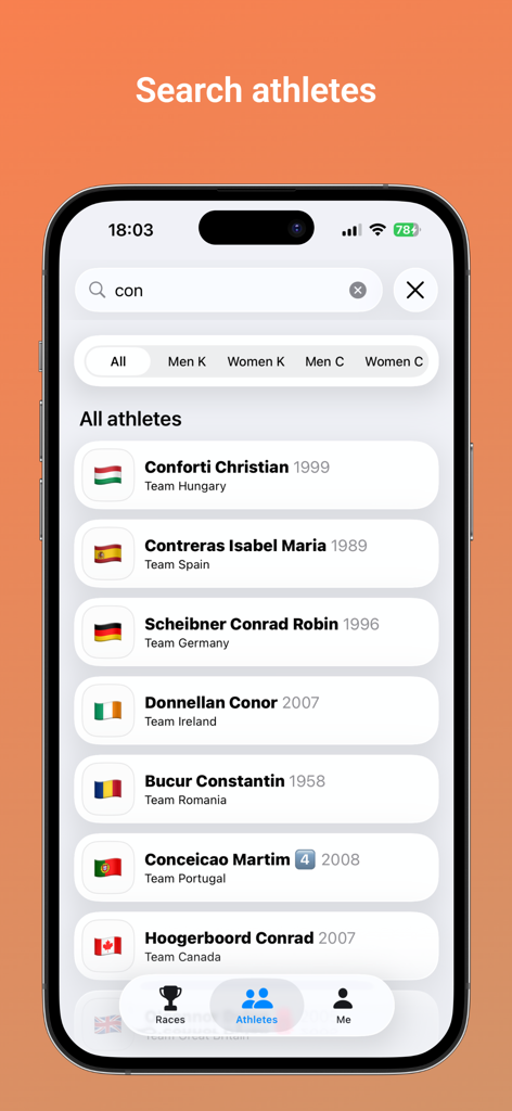 Kajakapp - Kajakapp mobile screen displaying a searchable list of international canoe and kayak athletes