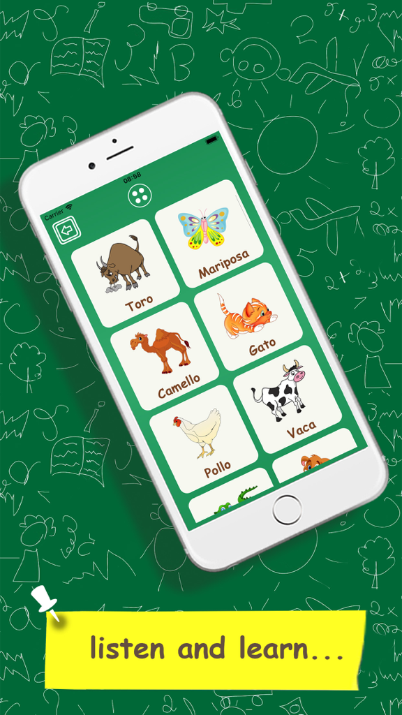 Learn Spanish For Children - Educational mobile app screen showing animal vocabulary in Spanish with colorful cartoon illustrations