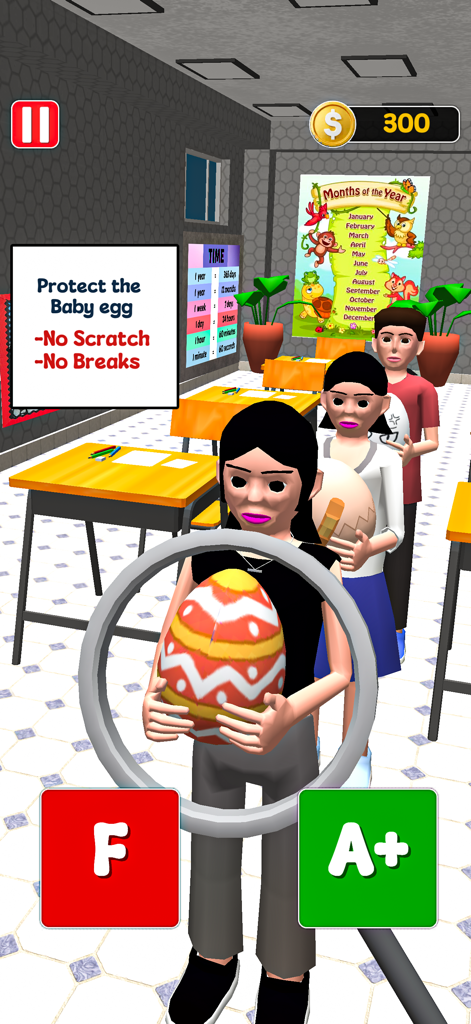 Paper Pass Fail Teacher Game - A classroom scene in Paper Pass Fail Teacher Game where a student holds a decorated egg for grading.